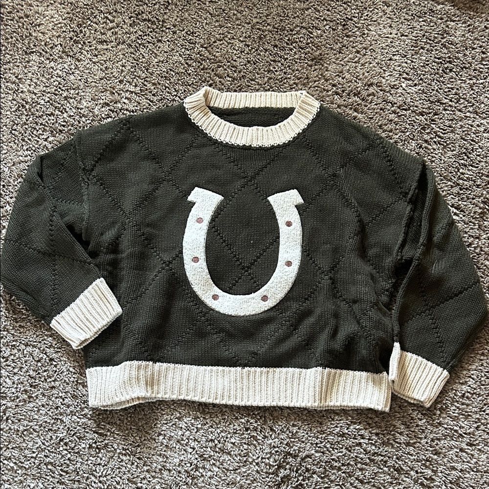 Green and Cream Sweater with Horseshoe Design
